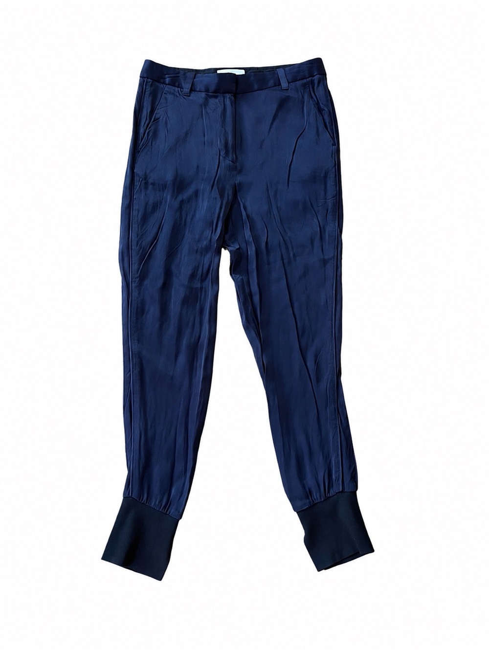 3.1 Phillip Lim Navy Satin Viscose Jogger Pants Black Ribbed Cuffs Size 2